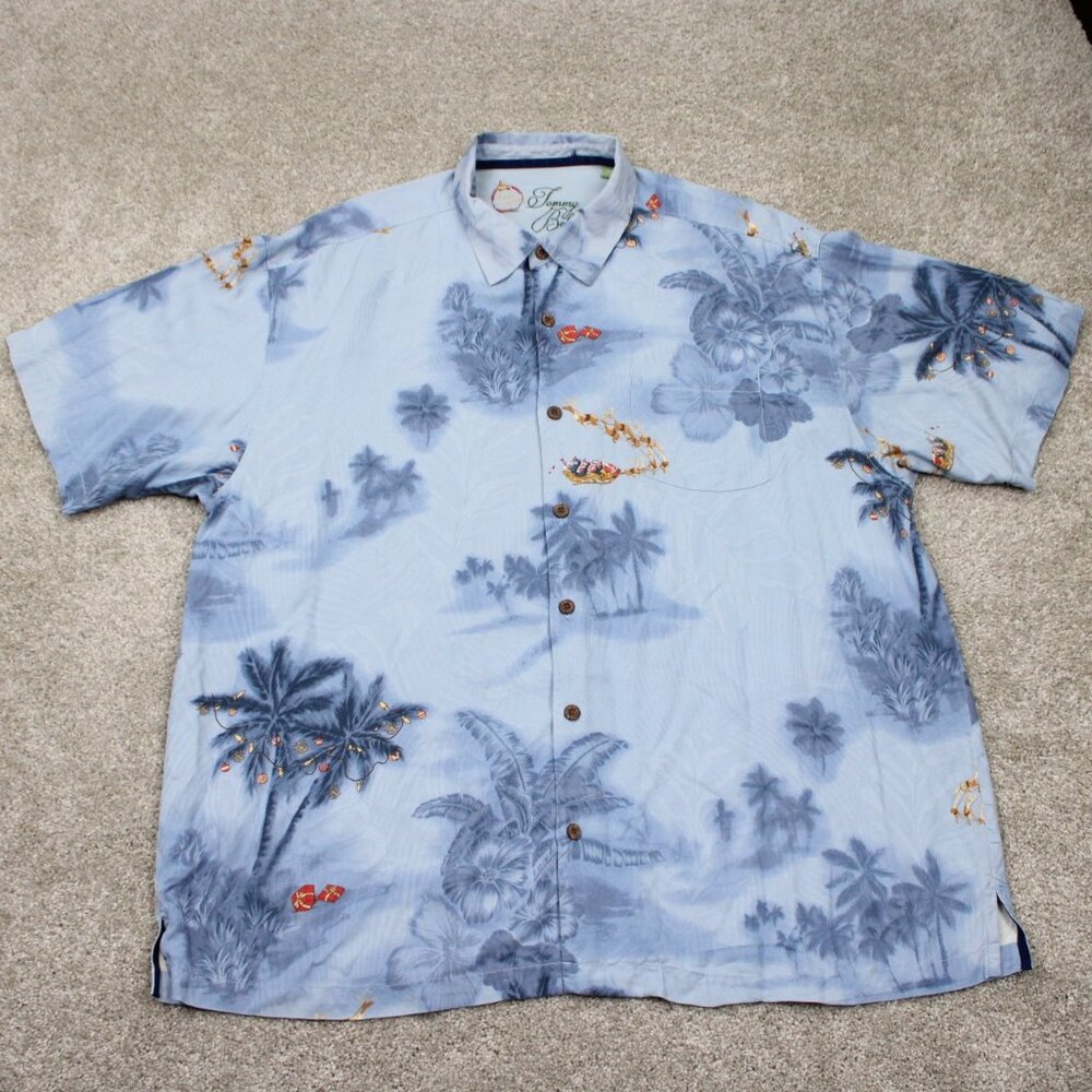 Tommy Bahama Hawaiian Shirt Mens 2XL XXL Blue Season Greetings Silk S/S Button